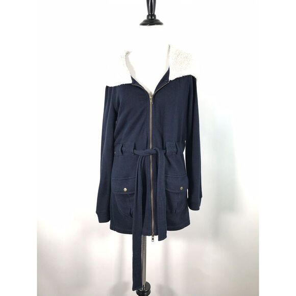Saturday Sunday‎ Anthropologie Zip Up Jacket M Fleece Lined Hood Blue - Picture 1 of 8